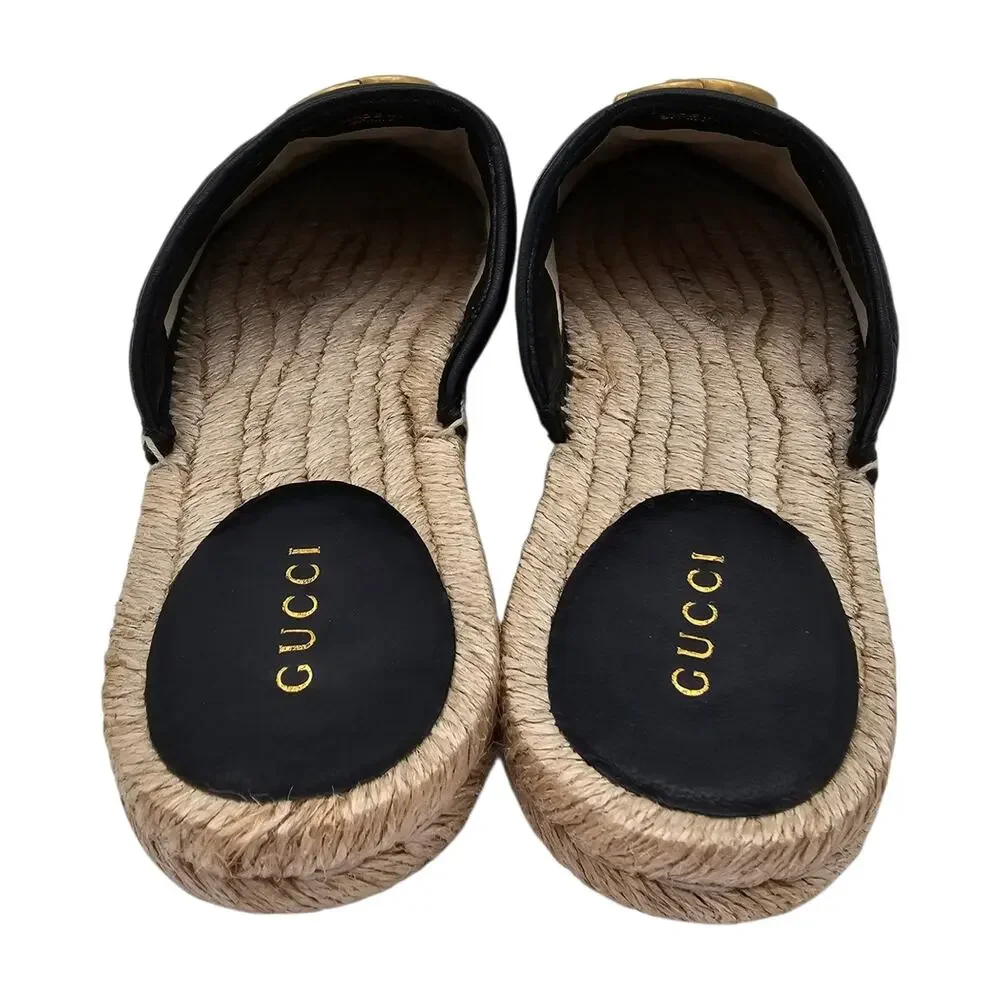 Gucci GG Marmont Black Quilted Leather Espadrille Mule Gold Slide Size 37.5 7.5 - Picture 4 of 10